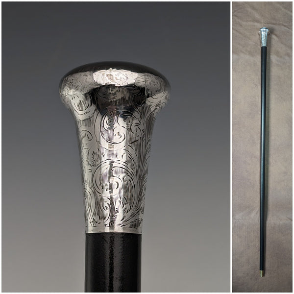 1922 年英國古董男士手杖雕刻純銀圓柄黑軸 90 公分 TD